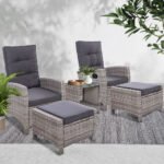 Gardeon 5PC Recliner Chairs Table Sun lounge Wicker Outdoor Furniture Adjustable Grey - Image 7