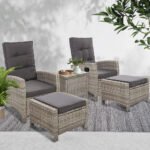 Gardeon 5PC Recliner Chairs Table Sun lounge Wicker Outdoor Furniture Adjustable Grey - Image 8