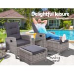 Gardeon 5PC Recliner Chairs Table Sun lounge Wicker Outdoor Furniture Adjustable Grey - Image 9