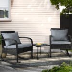 Gardeon 3PC Rocking Chair Table Wicker Outdoor Furniture Patio Bistro Set Black