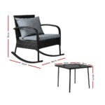 Gardeon 3PC Rocking Chair Table Wicker Outdoor Furniture Patio Bistro Set Black - Image 2
