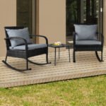 Gardeon 3PC Rocking Chair Table Wicker Outdoor Furniture Patio Bistro Set Black - Image 7