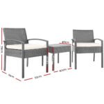 Gardeon 3PC Patio Furniture Bistro Set Wicker Outdoor Lounge Setting Grey - Image 2
