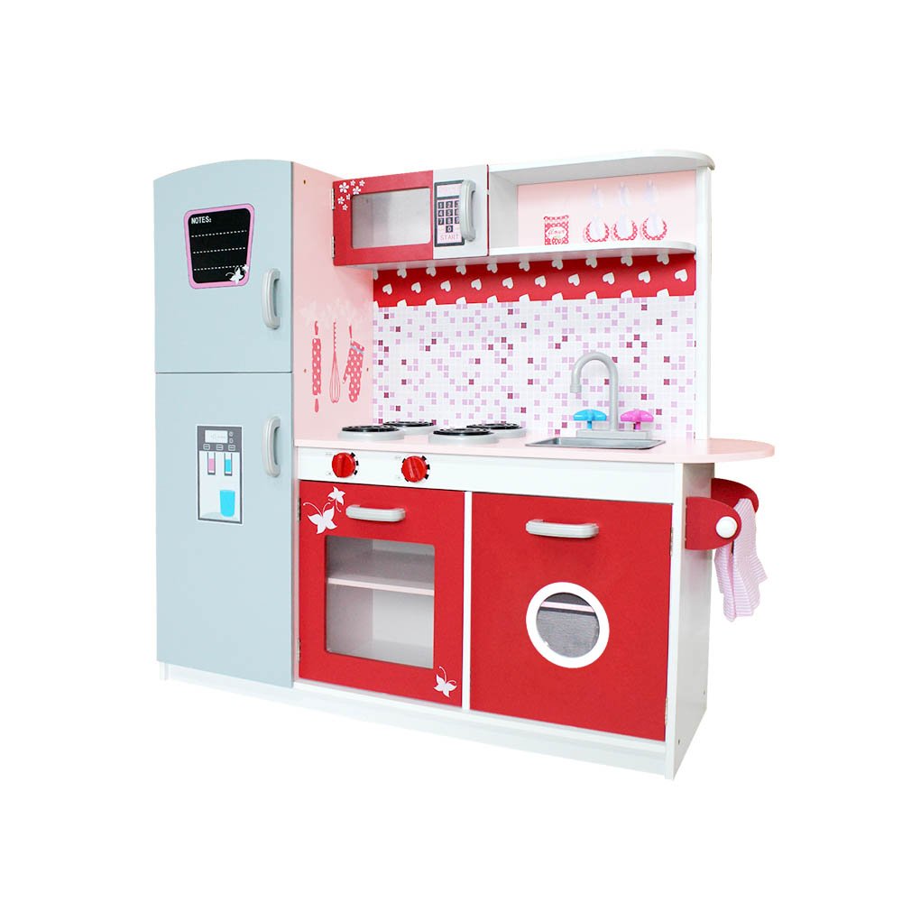 PLAY-WOOD-FRIDGE-PINK-4124-00.jpg Keezi Kids Kitchen Play Set Wooden Pretend Toys Cooking Children Fridge Oven Red - Image 1