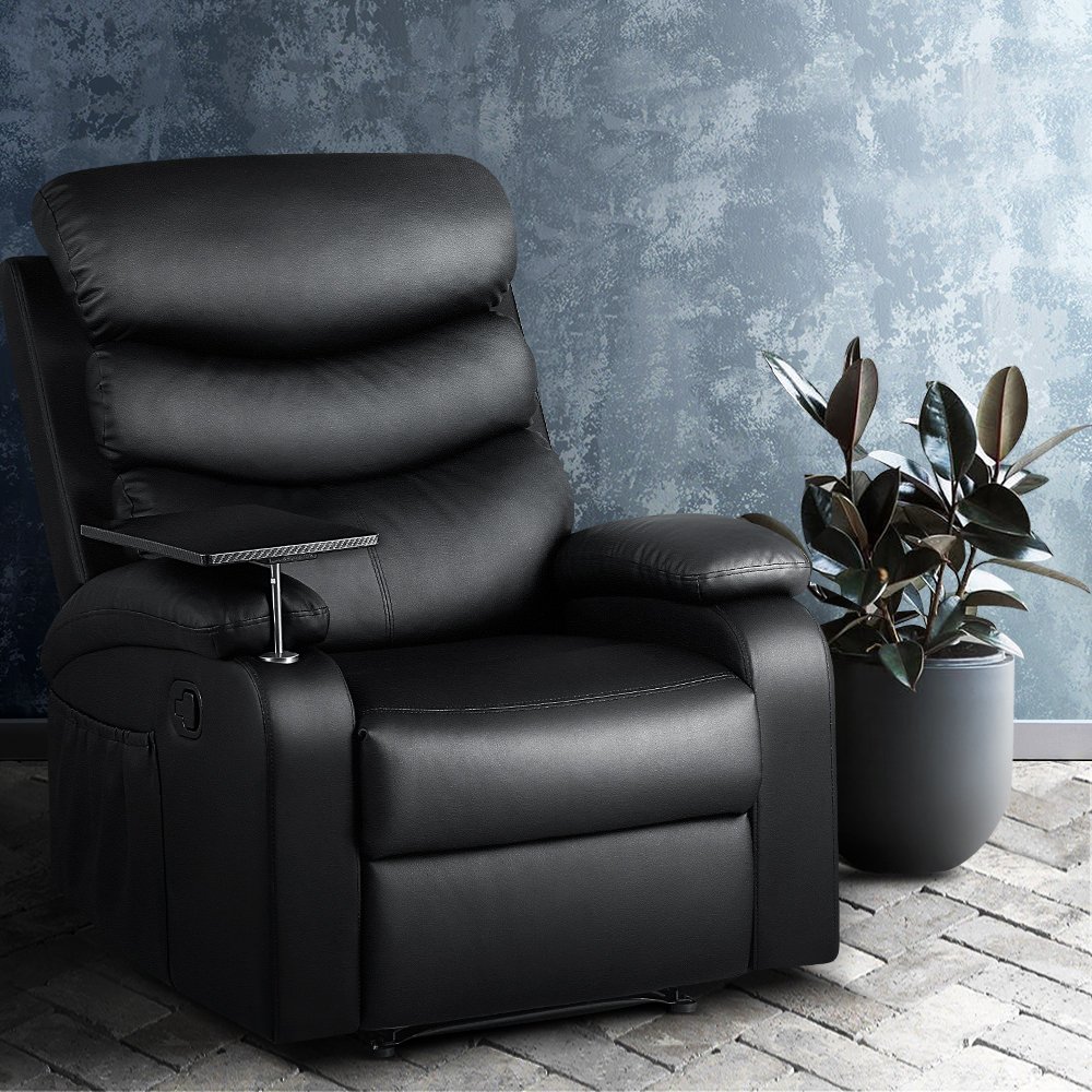 RECLINER-A12-BK-202502281302-00.jpg Artiss Recliner Chair Leather Black Tray Table Erika - Image 1