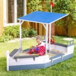 Keezi Kids Sandpit Wooden Box Boat Canopy Flag Outdoor Toys Children Blue - Image 5