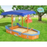 Keezi Kids Sandpit Wooden Boat Sand Pit with Canopy Bench Seat Beach Toys 150cm - Image 6
