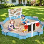 Keezi Kids Sandpit Wooden Round Sand Pit Funnel Bench Seat Beach Toys 215cm - Image 7