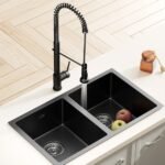 Cefito Stainless Steel Sink 77x45CM With Pull Out Mixer Tap Kitchen Double Bowl Black - Image 7