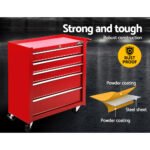 Giantz 5 Drawer Tool Box Cabinet Chest Trolley Box Garage Storage Toolbox Red - Image 3