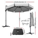 Instahut 3m Outdoor Umbrella w/Base Cantilever Beach Roma 360 Degree Tilt Grey - Image 2