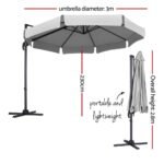 Instahut 3m Outdoor Umbrella Cantilever 360 Degree Tilt Beach Roma Grey - Image 2