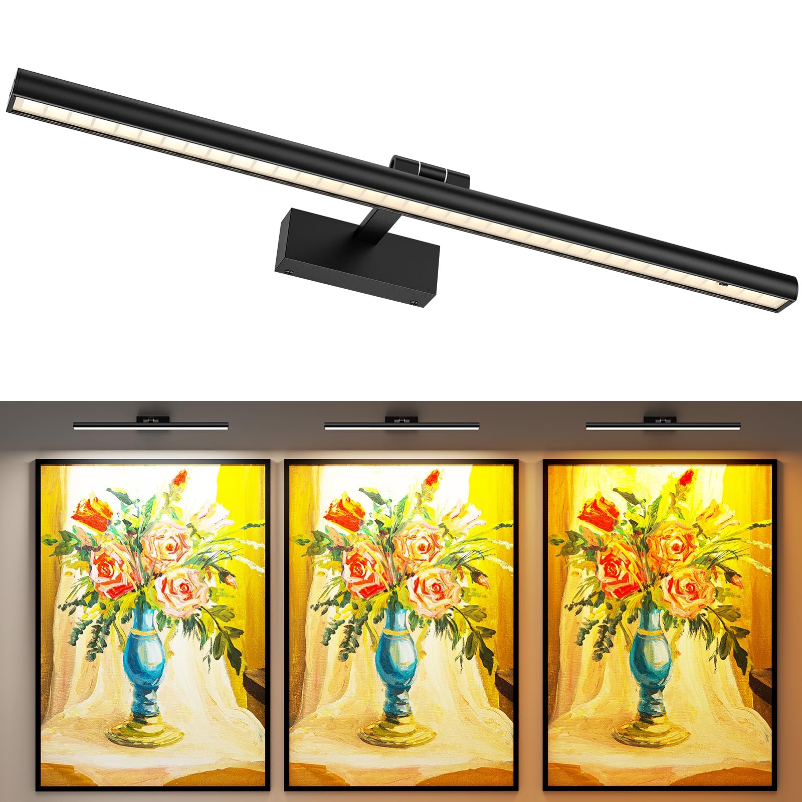 Version 1.0.0 Wireless Picture Lights for Wall, Battery Operated Wall Light for Painting Rechargeable CCT Rotatable Art Gallery Light with Remote Dimmable Timer for Artwork Frame Display Dartboard (Black, 24inch) - Image 1