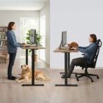FORTIA Sit to Stand Standing Desk, 160x60cm, 72-118cm Electric Height Adjustable, Walnut Style Desktop/Black Frame - Image 3