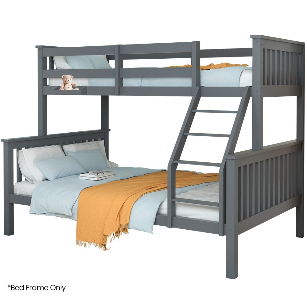V219-BEDDBBKS02GA-225555-00.jpg Kingston Slumber Bunk Bed Triple Wooden Single Over Double Beds for Kids, Solid Pine Wood, Convertible Design, Grey - Image 1