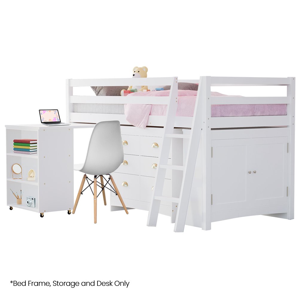 V219-BEDSBBKSL4WA-225560-00.jpg KINGSTON SLUMBER Wooden Kids Single Loft Bed Frame with Pull Out Desk, Storage Drawers, Cabinet - White - Image 1