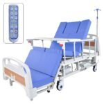 EQUIPMED Electric 8 Function Medical Bed , w/ Mattress & Over Bed Table, Adjustable Back and Leg Lifting, Lateral Tilting, Commode Bowl, IV Pole