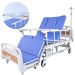 EQUIPMED 7 Function Medical Bed, w/ Mattress & Over Bed Table, Adjustable Back and Leg Lifting, Lateral Tilting, Commode Bowl, IV Pole