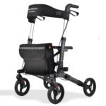 EQUIPMED Foldable Aluminium Walking Frame Rollator with Bag and Seat, Titanium Colour