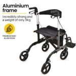 EQUIPMED 2-in-1 Foldable Aluminium Walking Frame Rollator and Transit Wheelchair with Bag, Titanium colour - Image 3