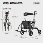 EQUIPMED 2-in-1 Foldable Aluminium Walking Frame Rollator and Transit Wheelchair with Bag, Titanium colour - Image 6