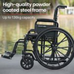 EQUIPMED Portable Folding Wheelchair 24 Inch 136kg Capacity Wheel Chair Retractable Armrests, Black - Image 2