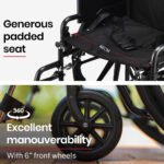 EQUIPMED Portable Folding Wheelchair 24 Inch 136kg Capacity Wheel Chair Retractable Armrests, Black - Image 7