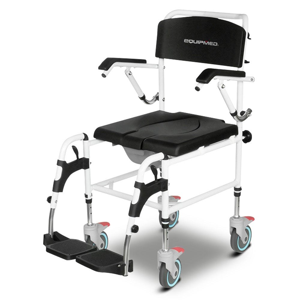 V219-HELSBSEQCC5A-202504071235-00.jpg Equipmed Commode Shower Chair, Over Toilet or Bedside 136kg Capacity Aluminium frame with Wheels, Black - Image 1