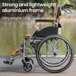 EQUIPMED Folding Aluminium Wheelchair, 20" Wheels, Park Brakes, 100kg Capacity, Orange - Image 2