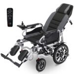 EQUIPMED Power Electric Wheelchair, Long Range, Auto Recline, Lithium Battery, 16" Rear Wheels, Headrest, Folding, Grey/Black