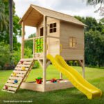 ROVO KIDS Wooden Tower Cubby House with Slide, Sandpit, Climbing Wall, Noughts & Crosses, Natural Colour - Image 5