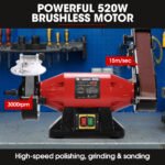 BAUMR-AG Bench Grinder Sander and Polisher Combo, 150mm Grinding Wheel, 50mm Linisher, 520W Brushless Motor, w/ Wire and Buffing Wheels - Image 3