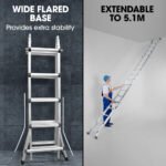 Bullet 5.1m Folding Aluminium Multipurpose Ladder, w/ Workshelf Platform, Spring Assisted Rapid Safety Lock Adjusters - Image 6