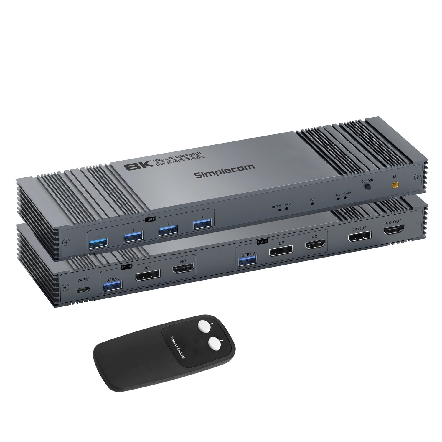 V28-SIMKM490-202502281206-00.jpg Simplecom KM490 HDMI and DisplayPort Dual Monitor KVM Switch for 2 Computers with 4-Port USB 3.0 Hub 5Gbps 8K@60Hz - Image 1