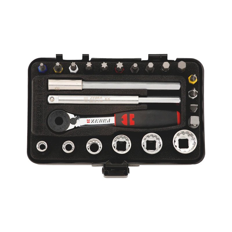 V563-9651123-202511130900-00.jpg 23pcs 1/4" Socket Wrench Assortment Set Ratchet in Metal Box - Image 1