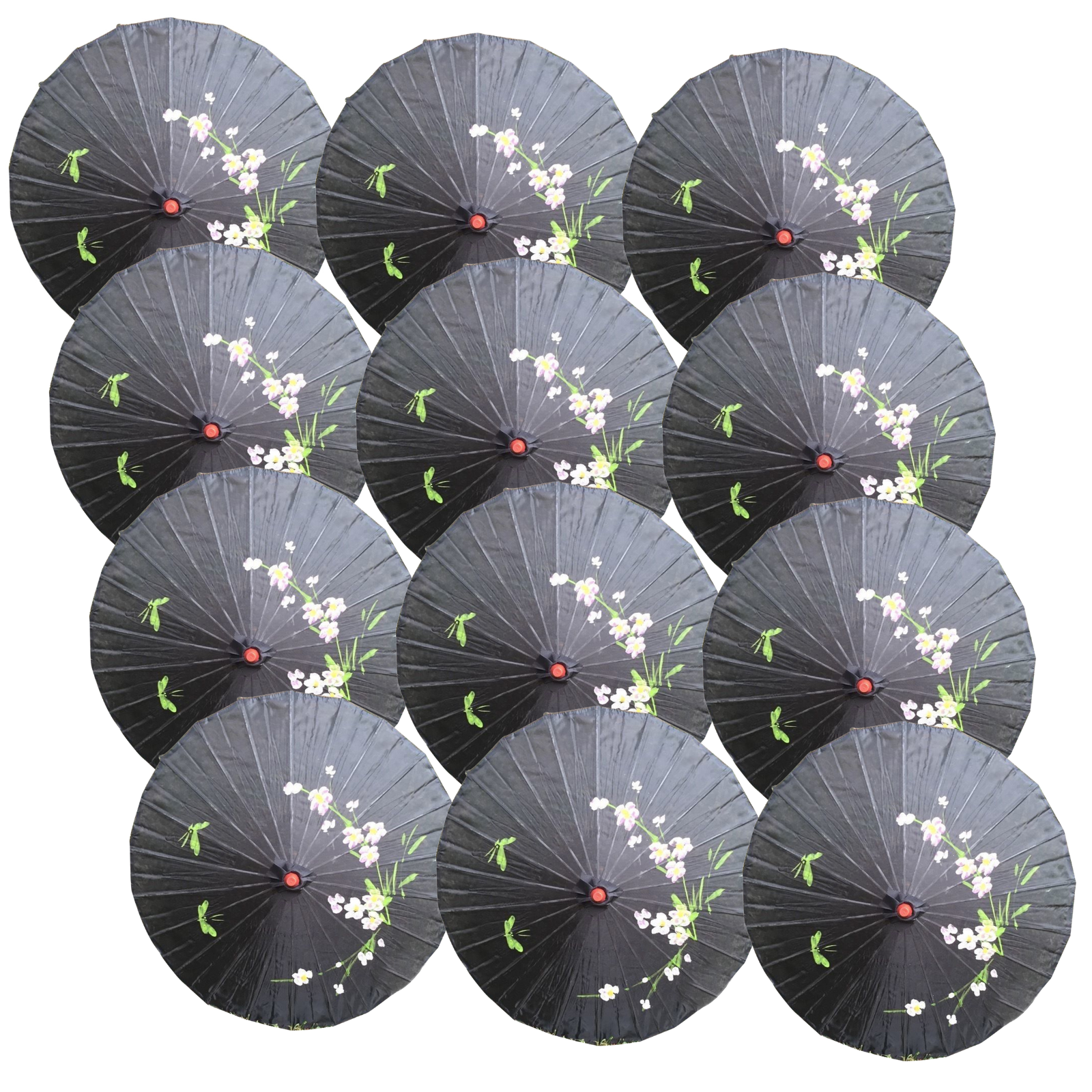 V563-BR-12PARUMBRLA-BLK-202511130855-00.png 12x PARASOL UMBRELLA Chinese Japanese Bamboo Flower Pattern 80cm Large BULK - Black - Image 1