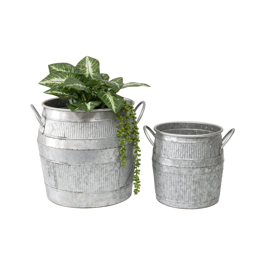 V637-13260PLN-202508251520-00.jpg Set 2 Industro Chic Barrel Pot Planters 38cm - Image 1