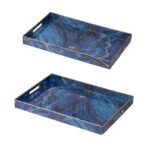 Set 2 Marble Patterned Blue Rectangular Trays 48cm