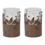 Set 2 Glass Pillar Candle holders in Stilted Rust Base w Chooks 17cm