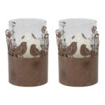 Set 2 Glass Pillar Candle holders in Stilted Rust Base w Birds 17cm - Image 2