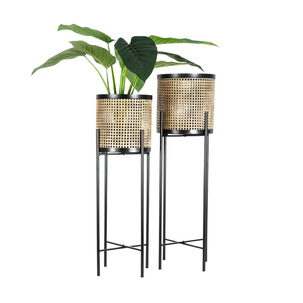 V637-91953PLN-202508251805-00.jpg Set 2 Rattan Look w Black Stilted Metal Planters 90cm - Image 1