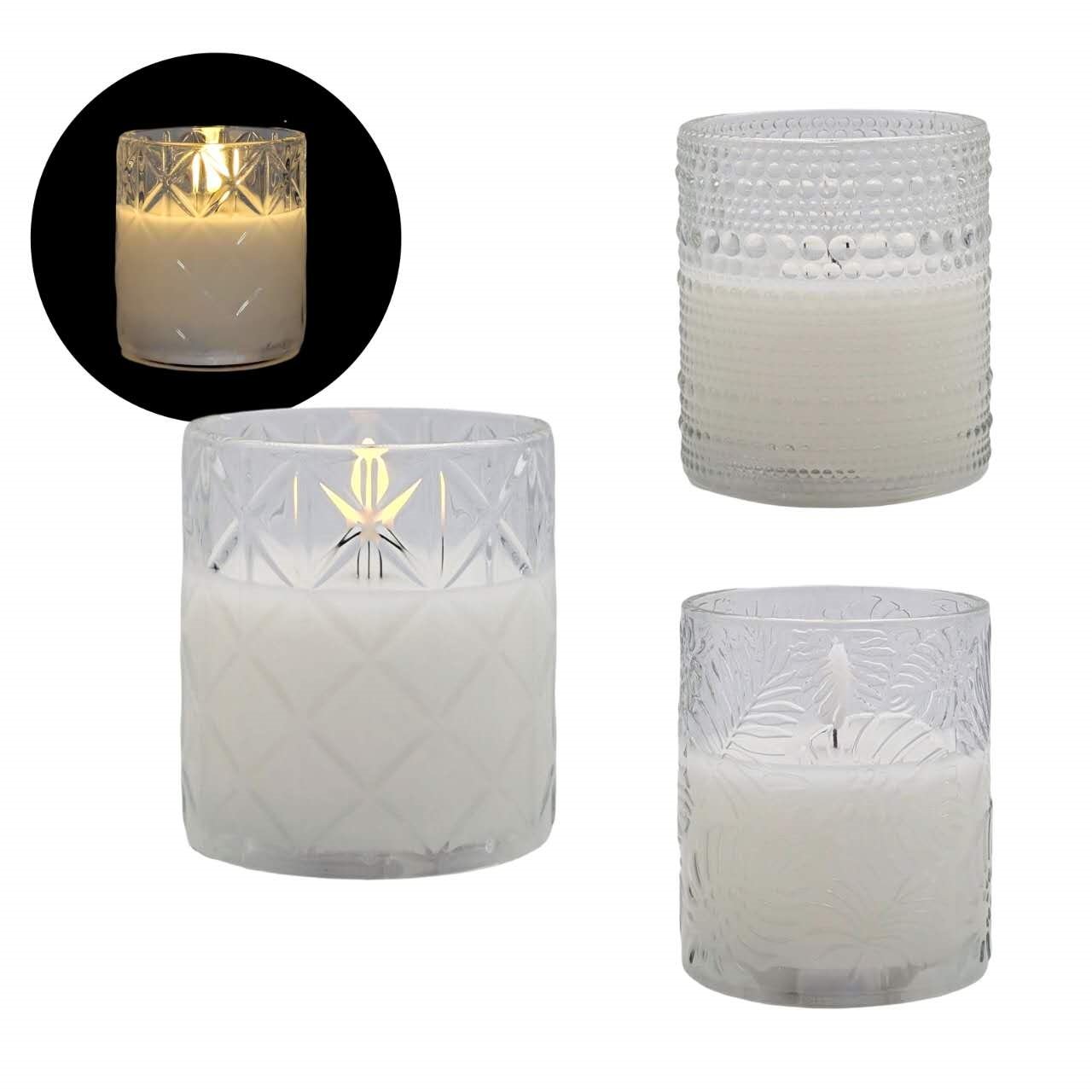 V637-GCH37470-202508252025-00.jpg bulk 12 Patterned Glass Jar Led Candle Assort 10cm - Image 1