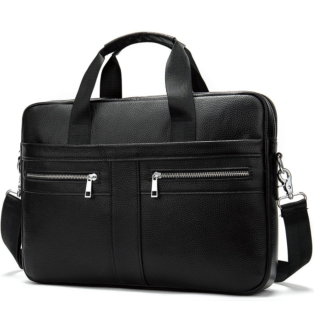 V888-ELOSUNG38512-202511251106-00.jpg Black Men's Vintage Genuine Leather Briefcase 14 Inch Laptop Messenger Bag Business Shoulder Satchel with Dual Front Pockets Ideal for Office Work - Image 1