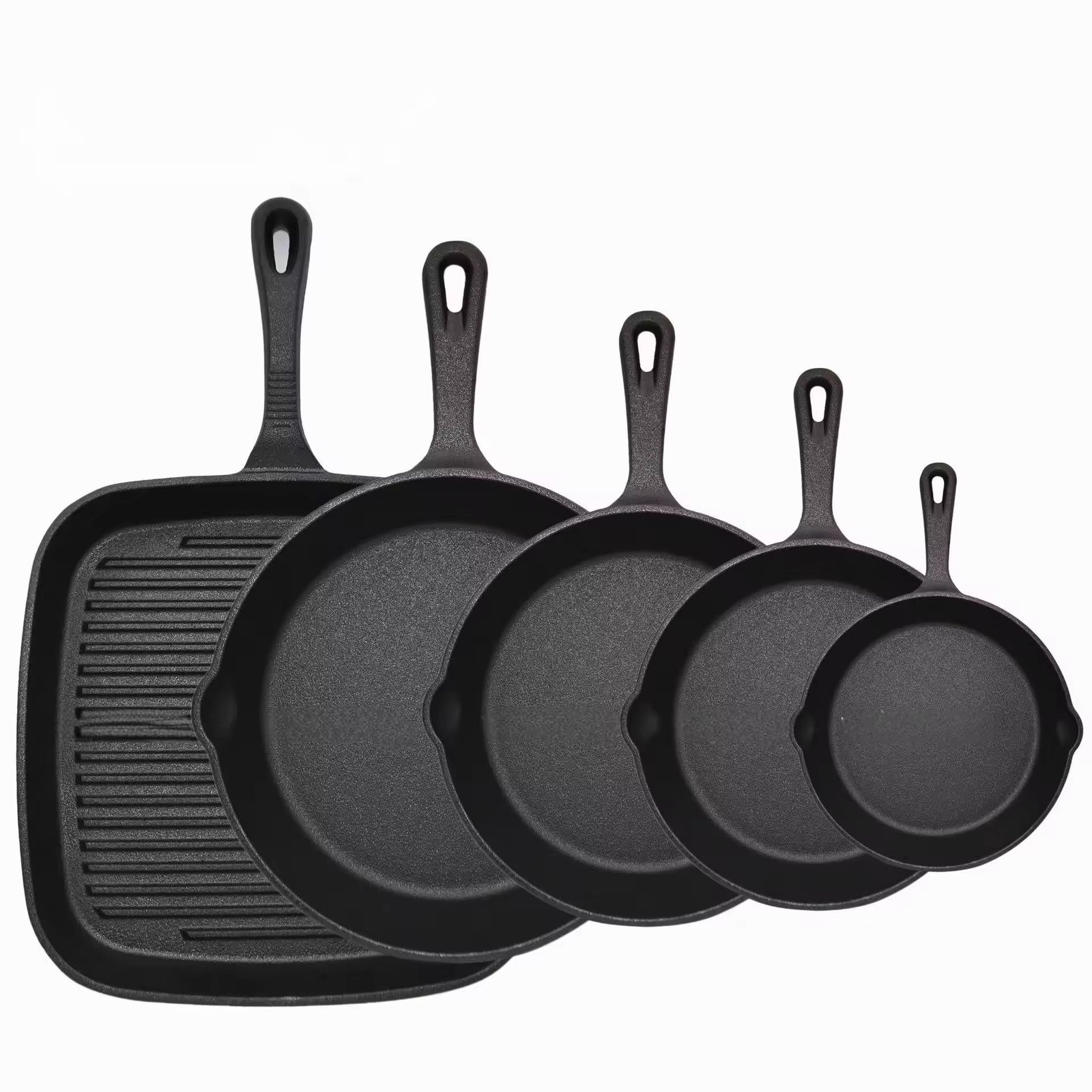 V888-ELOSUNG40411-202511211730-00.jpg Five-piece set Heavy Duty Cast Iron Skillet & Grill Pan Thickened Vintage Style Cookware for Steak Breakfast & Camping - Image 1