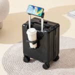 Black 14 Inch Lightweight Carry-on Luggage for heights under 1.6m - Underseat & Overhead Cabin Hardside Suitcase with Cup Holder & Phone Stand