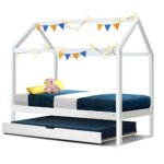 Artiss Bed Frame Wooden Trundle Daybed Kids House Frame White HOLY - Image 8