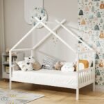 Artiss Bed Frame Wooden Base Kids Single Timber House Beds White - Image 8