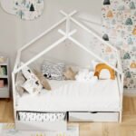 Artiss Bed Frame Wooden Base Kids Single Timber House  with 2 Storage Drawers Beds White - Image 5