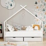 Artiss Bed Frame Wooden Base Kids Single Timber House  with 2 Storage Drawers Beds White - Image 6