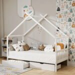 Artiss Bed Frame Wooden Base Kids Single Timber House  with 2 Storage Drawers Beds White - Image 7